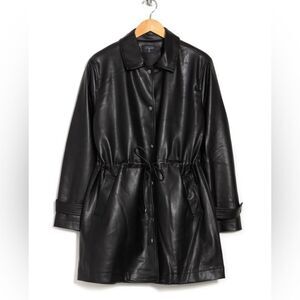 NWT Tahari Faux Leather Oversized Drawstring Trench Coat in Black M